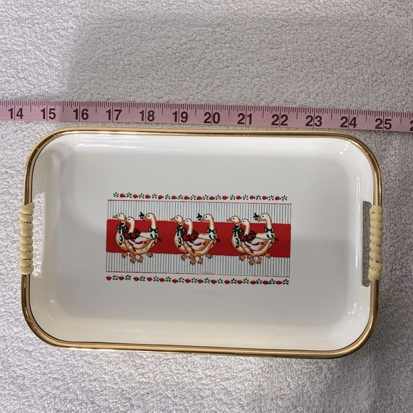 Vintage Country Ribbon Geese Cream Red Green Christmas Tray - Picture 3 of 14